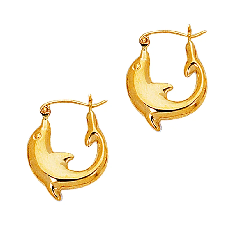 Fashionable Stud Earrings-14K Yellow Gold Shiny Small Dolphin Hoop Earrings, Diameter 16mm