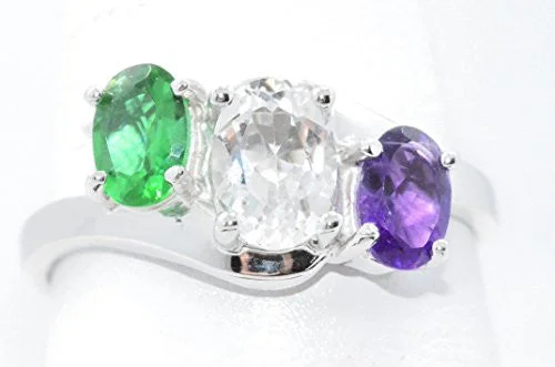 Silver Wedding Band with Diamonds-2 Ct Created Emerald White Topaz & Amethyst Oval Ring .925 Sterling Silver Rhodium Finish