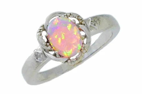 Simple Gold Wedding Band-8x6mm Pink Opal & Diamond Oval Ring .925 Sterling Silver Rhodium Finish