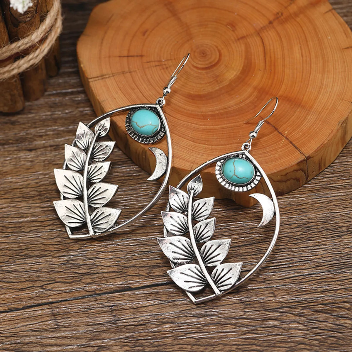 Colorful Stud Earrings-1 Pair Vintage Style Bohemian Leaf Plating Hollow Out Inlay Alloy Turquoise Silver Plated Ear Hook