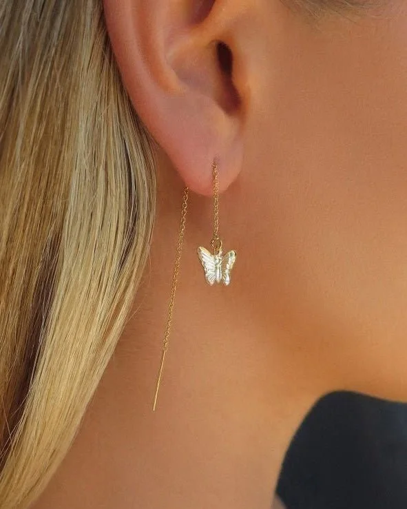 Minimalist Silver Earrings-Butterfly Threader Earrings  - 14k Yellow Gold Fill