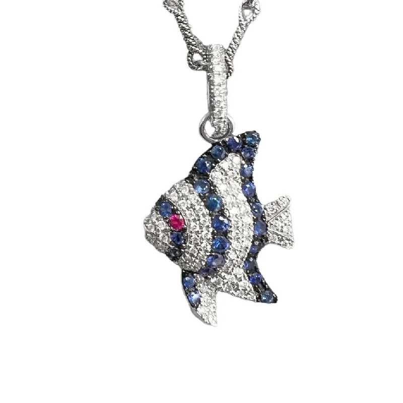 Bridesmaid Necklace for Wedding-Pippo Perez 18k White Gold Diamond Sapphire Ruby Angel Fish Pendant 16" RARE