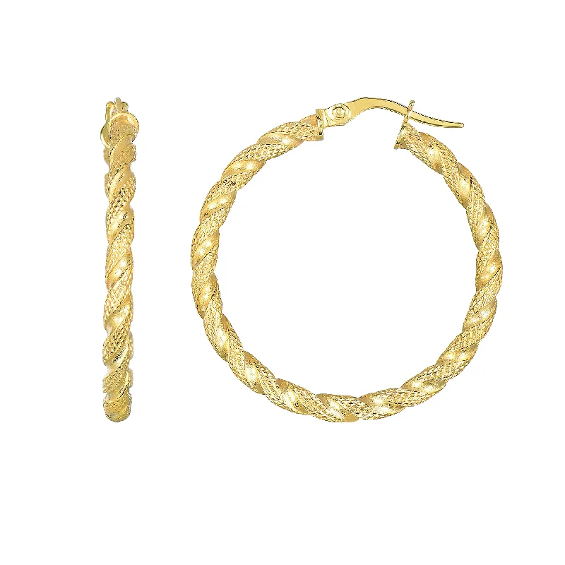 Party Earrings for Bridesmaids-14K Yellow Gold Matt Textured Round Hoop Earrings, Diameter 30mm