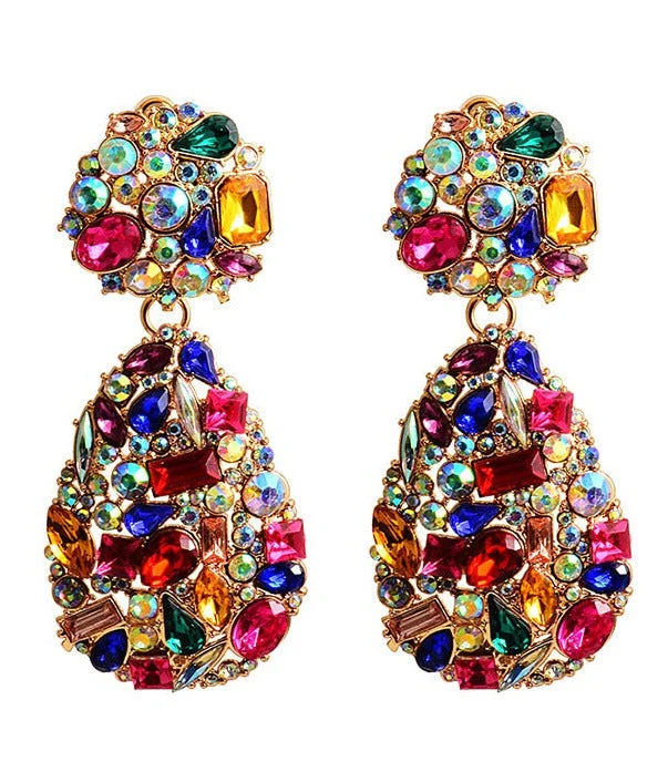 Party Earrings for Women-Colorful Multi-Gemstone Statement Earrings in Gold Plating