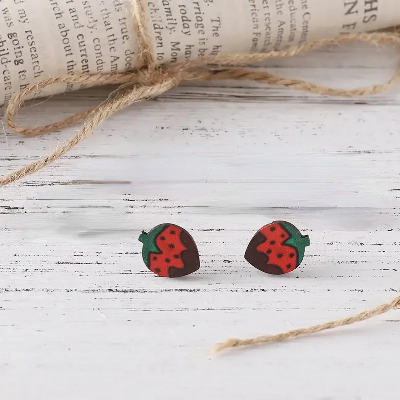 Large Stud Earrings-Retro Letter Heart Shape Strawberry Wood Ear Studs