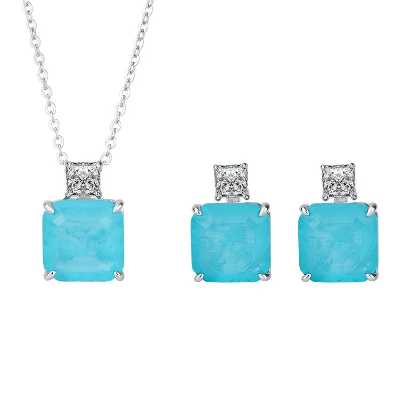 Geometric Drop Earrings-Paraiba Tourmaline Necklace Earrings Set in 925 Sterling Silver