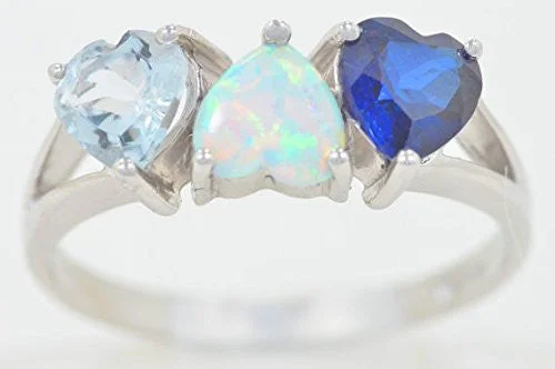 Gold Ring with Garnet-2 Ct Blue Sapphire Opal & Aquamarine Heart Ring .925 Sterling Silver Rhodium Finish