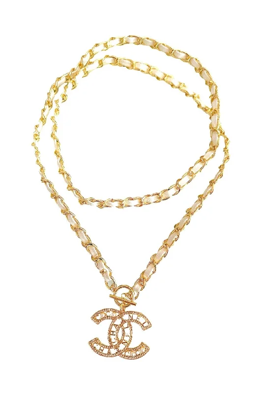 Fine Gold Necklace-CC Pearl Leather Chain Necklace