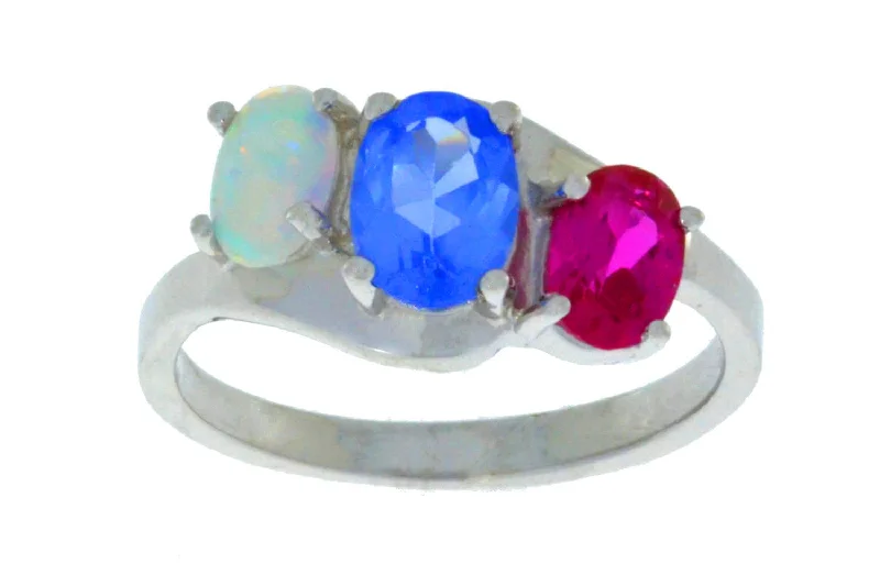 Custom Sterling Silver Ring-1.5 Ct Tanzanite Opal & Ruby Oval Ring .925 Sterling Silver Rhodium Finish