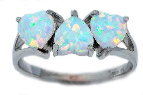 Birthstone Wedding Ring-6mm Opal Heart Ring .925 Sterling Silver Rhodium Finish