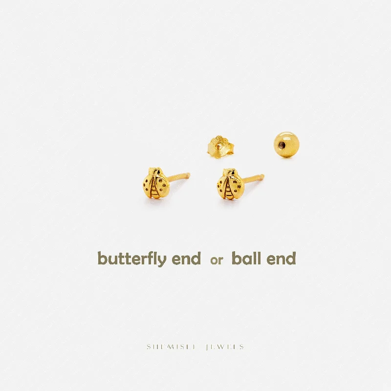 Sparkling Drop Earrings-Tiny Ladybug Stud Earrings, Unisex, Gold, Silver SS811 Butterfly End, SS812 Screw Ball End (Type A)