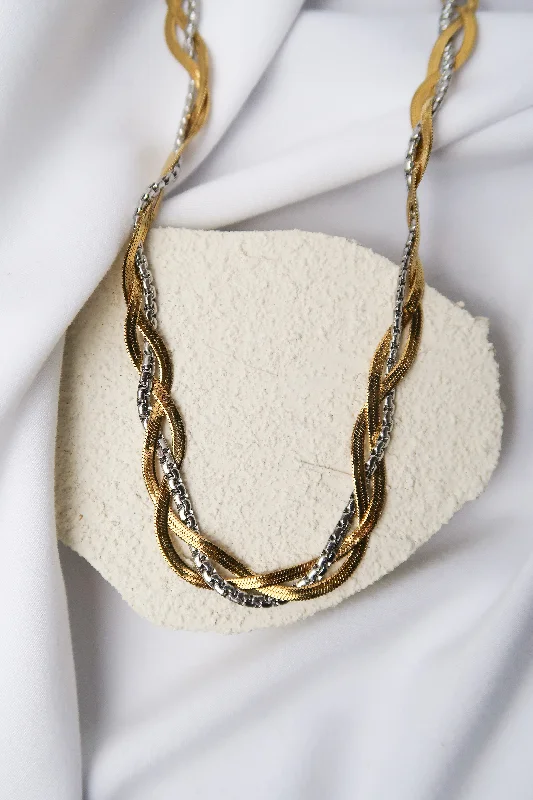 Statement Necklace with Pearls-Wishful Dream Two Tone 316L Stainless Steel Braided Necklace