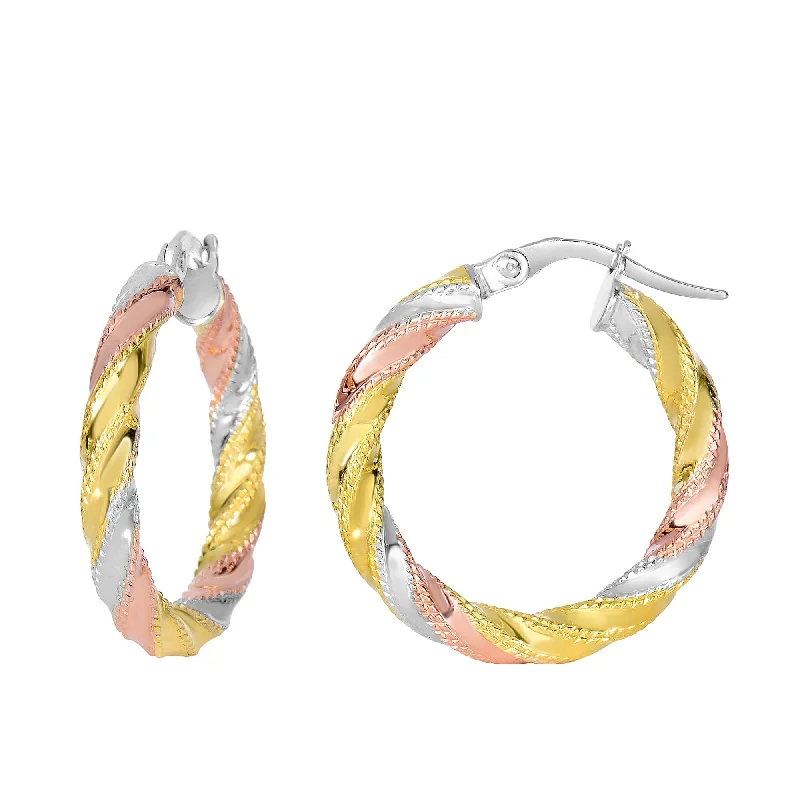 Bohemian Style Earrings-14K Yellow And White Rose Gold Twisted Round Hoop Earrings, Diameter 20mm