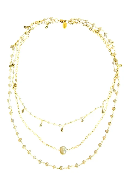 Long Gold Necklace-Three Layer Pearl Necklace