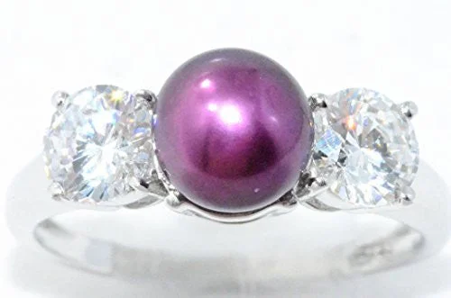 Elegant Wedding Ring for Bride-7.5mm Fuchsia Freshwater Pearl & Zirconia Ring .925 Sterling Silver Rhodium Finish