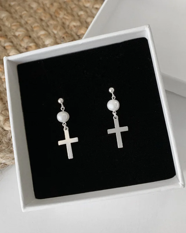 Colorful Drop Earrings for Women-Freshwater Pearl Cross Earrings - Sterling Silver