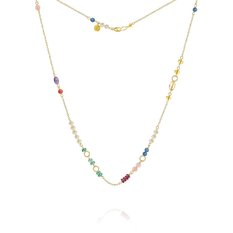 Classic Gemstone Necklace-Piccolo Bloom 18K Gold Necklace, 43 cm w. Emerald, Ruby, Quartz, Kyanite, Pearl, Citrin, Coral & Amethyst