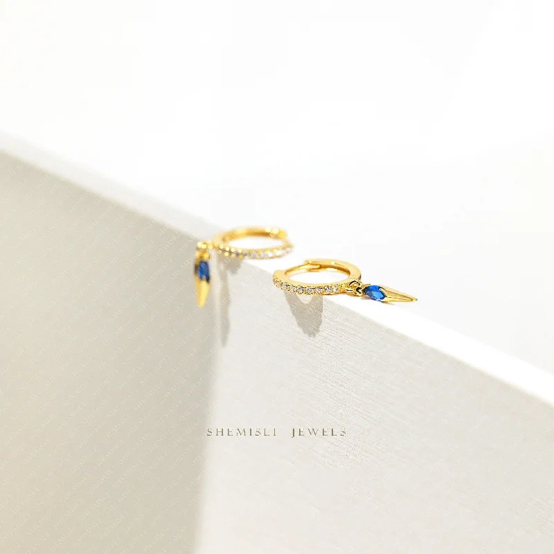 High-End Earrings for Weddings-Spike Sapphire CZ Hoop Earrings, Gold, Silver SHEMISLI SH374