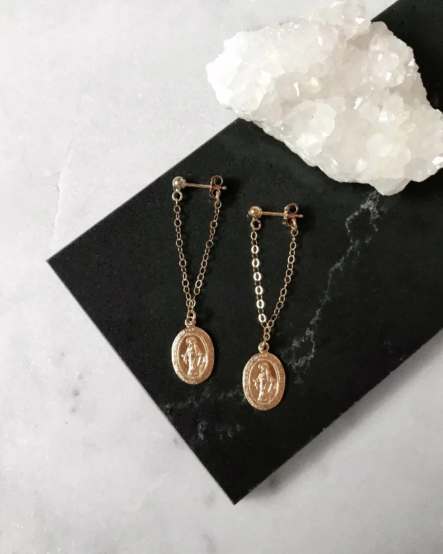 Elegant Wedding Earrings-Miraculous Medal Long Chain Stud Earrings - 14k Yellow Gold Fill