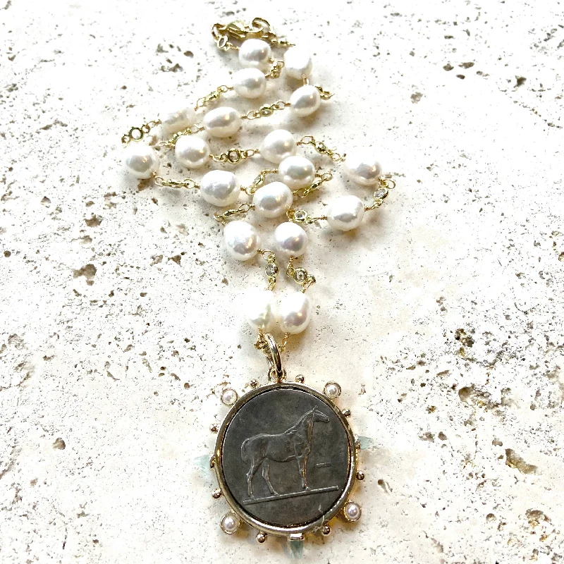 Pendant Necklace with Birthstone-French Coin Medallion Equestrian Necklace