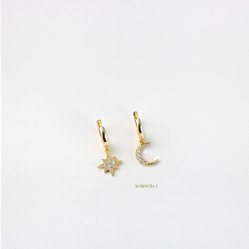 Minimalist Stud Earrings-Mismatched Star Moon CZ Drop Hoop Earrings, Huggies, Gold, Silver SHEMISLI SH111