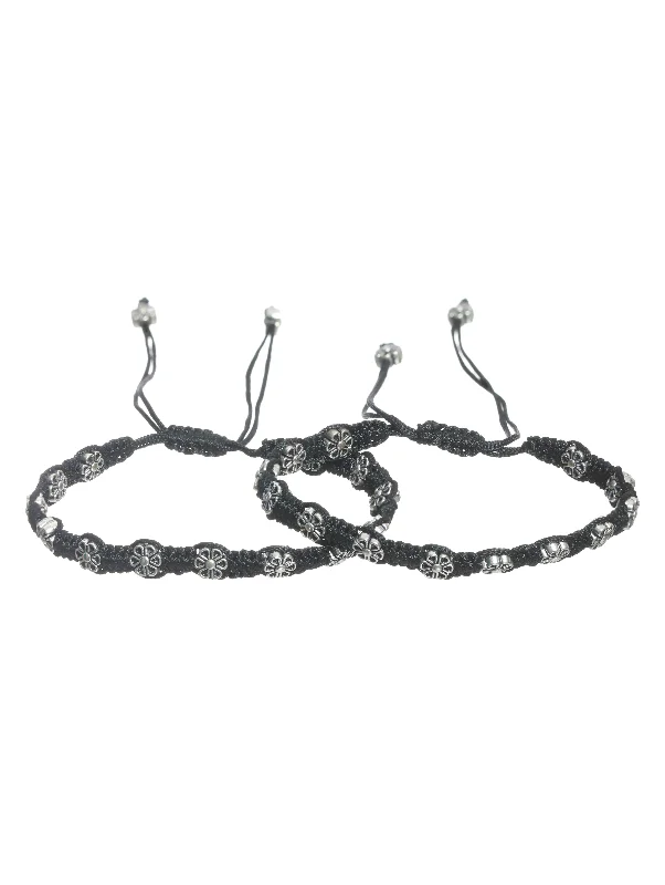 Simple Crystal Bangle Bracelet-Set Of 2 Floral Black Thread Anklets/Bracelet