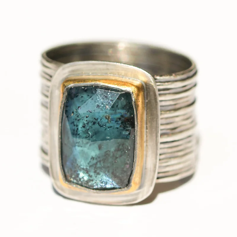 Custom Gold Ring-Rectangular Teal Kyanite Ring with Wide Band