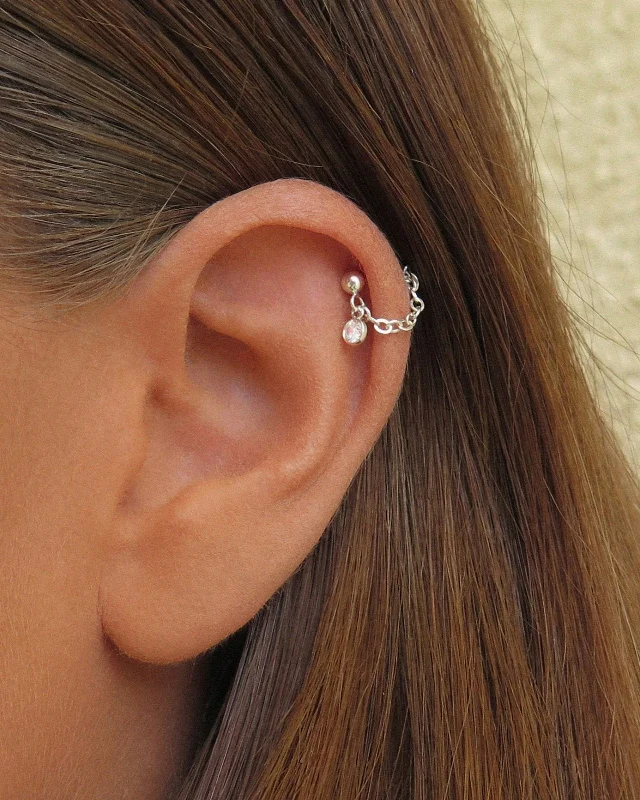 Silver Earrings with Crystals-CZ Chain Helix Piercing - Sterling Silver