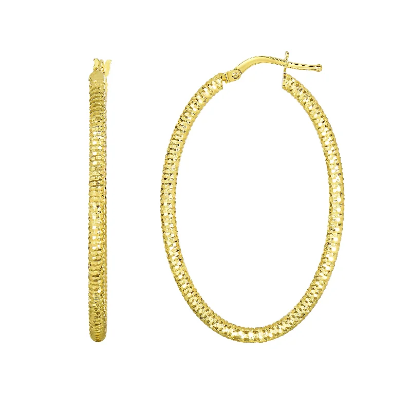 Luxury Drop Earrings for Weddings-14K Yellow Gold Shiny Square Textured Oval Hoop Earrings