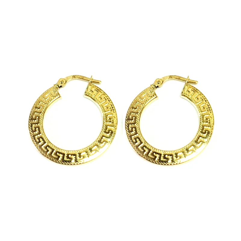 Tiny Huggie Earrings-14K Yellow Gold Small Greek Key Textured Hoop Earrings, Diameter 22mm