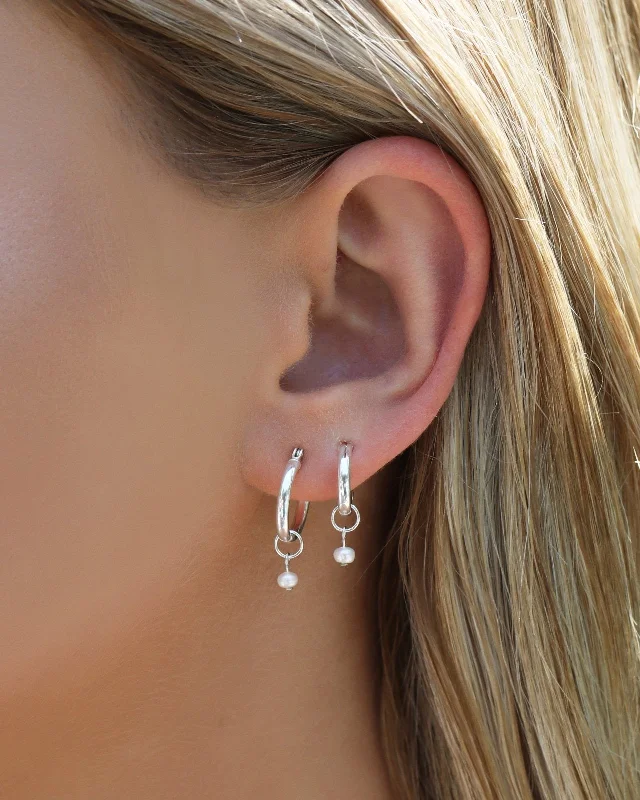 Lightweight Hoop Earrings-Freshwater Pearl Thick Hoop Earrings  - Sterling Silver