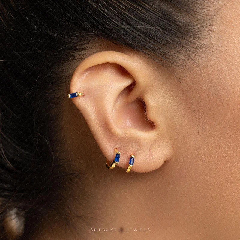 Wedding Earrings with Gemstones-Sapphire Baguette Helix Hoop Earrings, Huggies, Unisex, Gold, Silver SHEMISLI - SH393, SH394, SH395