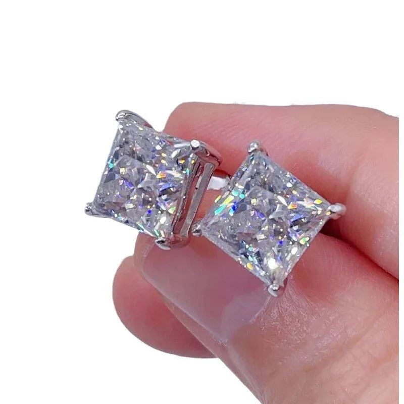 Crystal and Pearl Earrings-Square Diamond Stud Earrings | S925 | CZ