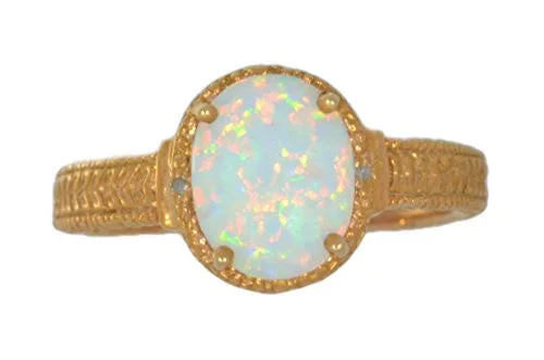 Elegant Custom Ring-10x8mm Opal & Diamond Oval Ring Sterling Silver 14Kt Yellow Gold Plated