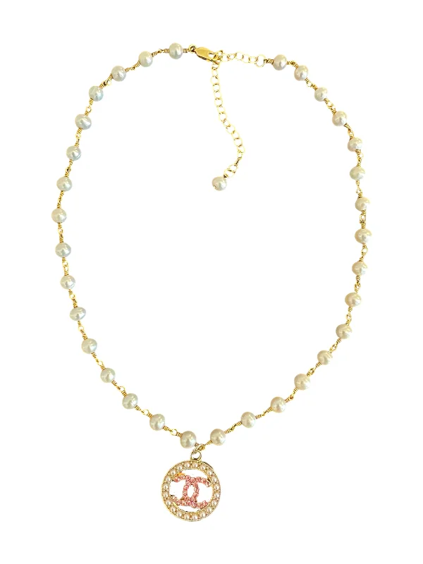 Personalized Gold Pendant Necklace-CC Pearl w/ Pink CZ Charm Necklace