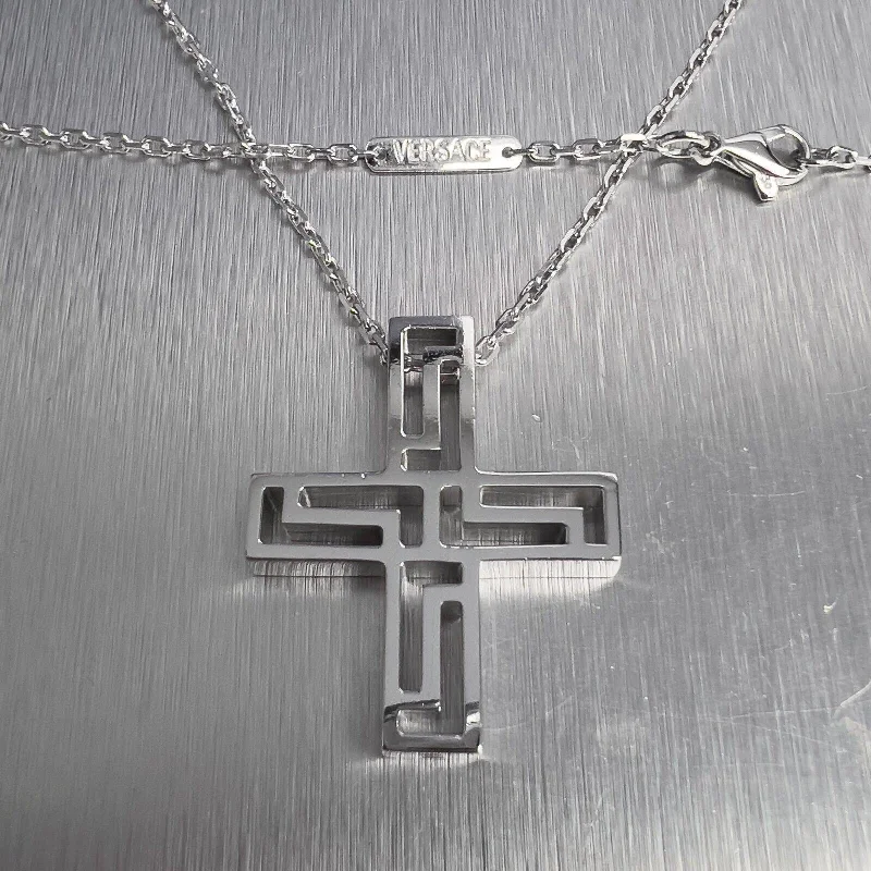 Simple Gold Necklace-Versace Greca Greek Key Cross 18k White Gold Pendant Necklace 20" HEAVY