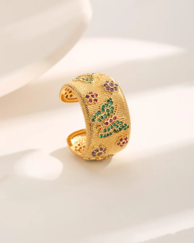 Platinum Wedding Ring-French Style Commute Flower Butterfly Copper Plating Inlay Zircon 18k Gold Plated Open Rings