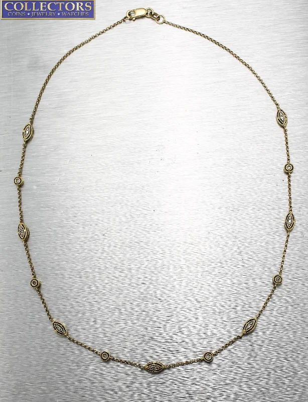 Stunning Gemstone Necklace-Ladies Estate 14K 585 Yellow Gold 0.26ctw Diamond Station Chain 14.50" Necklace