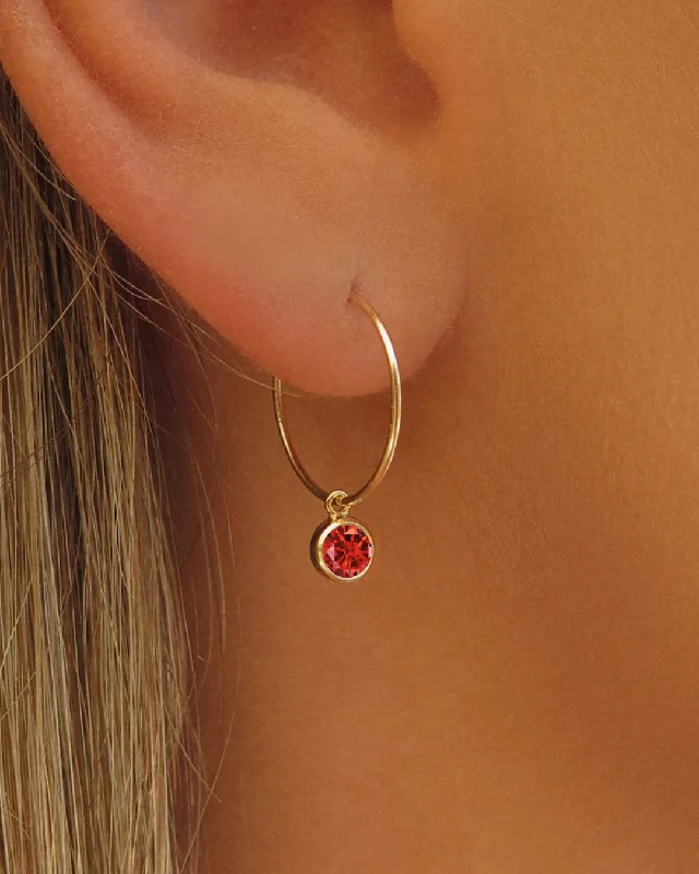 Trendy Earrings for Bridesmaids-Ruby CZ Hoop Earrings - 14k Yellow Gold Fill