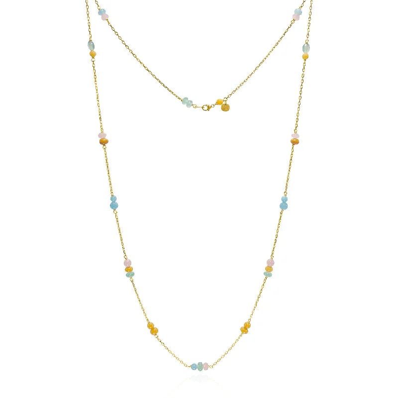 Handcrafted Gold Necklace-Piccolo Melrose 18K Gold Necklace, 74cm, w. Aventurine & Guava quartz