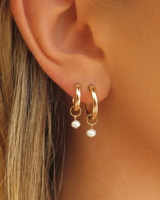 Funky Earrings for Teens-Freshwater Pearl Thick Hoop Earrings - 14k Yellow Gold Fill