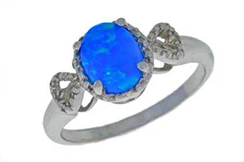 Unique Gemstone Ring for Women-8x6mm Blue Opal & Diamond Oval Heart Ring .925 Sterling Silver Rhodium Finish