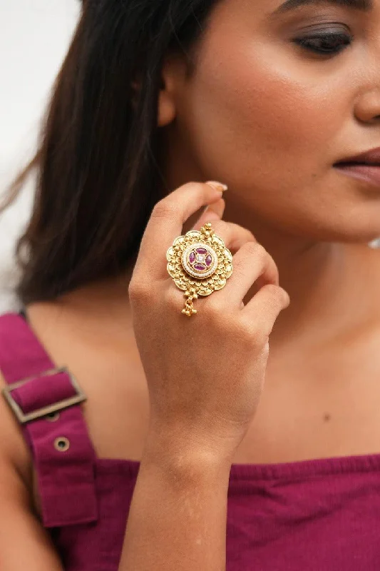 Gold Ring with Garnet-Sirisha Adjustable Indian Ring | Sone pe Suhaga Collection