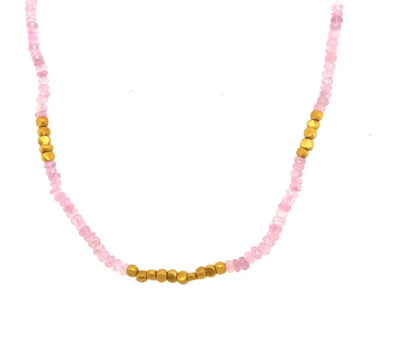 Classic Gold Chain Necklace-Pink Sapphire & Yellow Gold Bead Necklace