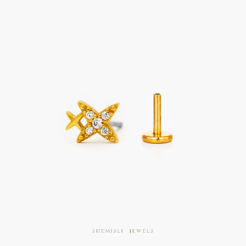 Unique Gold Earrings-Tiny Double Star Threadless Flat Back Earrings, 20,18,16ga, 5-10mm Unisex, Surgical Steel SHEMISLI SS868