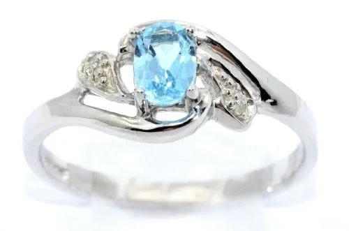 Wedding Ring for Bride-0.50 Ct Blue Topaz & Diamond Oval Ring .925 Sterling Silver Rhodium Finish