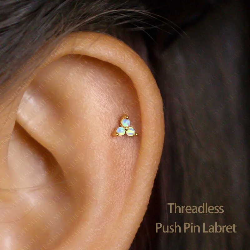 Pearl Earrings for Bride-Tiny 3-Petal Opal Flower Threadless Flat Back Earrings, 20,18,16ga, 5-10mm, Unisex, Surgical Steel, SHEMISLI SS546