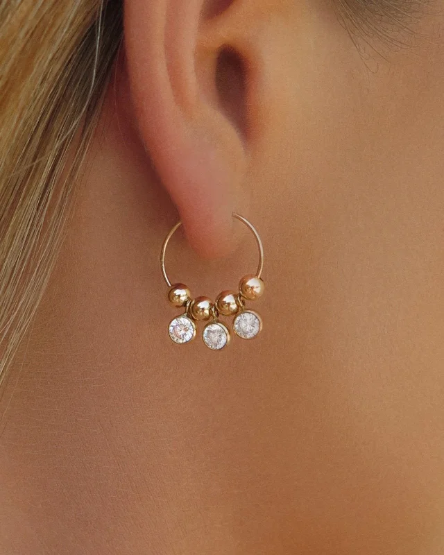 Boho Hoop Earrings-Triple White CZ Hoop Earrings  - 14k Yellow Gold Fill