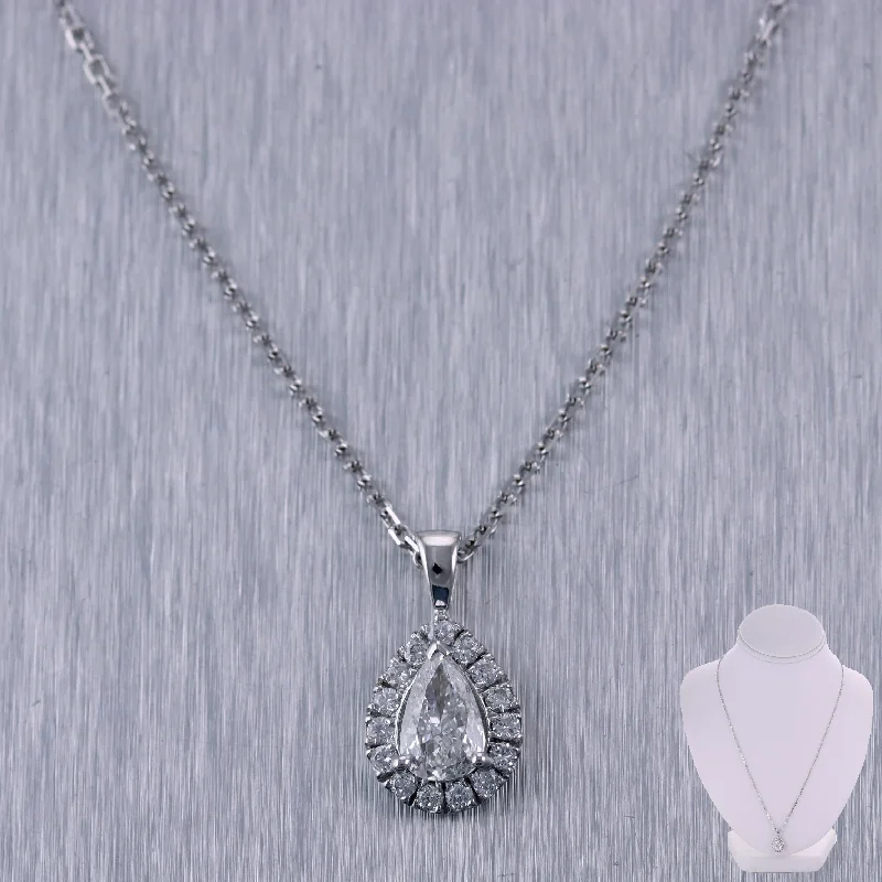 Bohemian Style Necklace-Modern 14k White Gold 1.01ctw Tear Drop Pear Shape Diamond Halo 18" Necklace