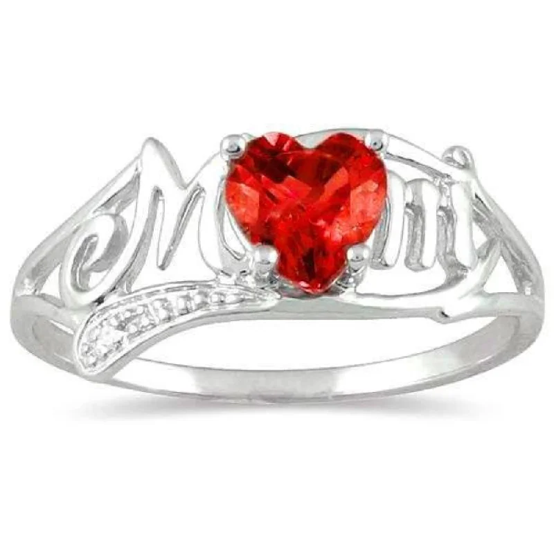 Diamond Engagement Ring-Garnet & Diamond Heart Mom Ring .925 Sterling Silver